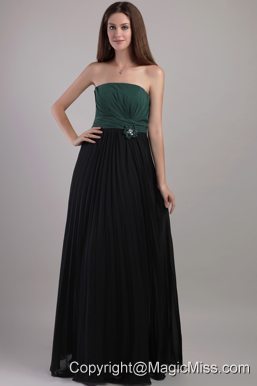 Elegant Peacock Green and Black Empire Strapless Floor-length Chiffon Hand Flowers Prom Dress