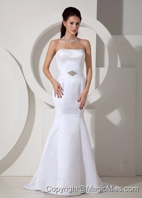 Elegant Mermaid Strapless Brush Train Satin Beading Wedding Dress