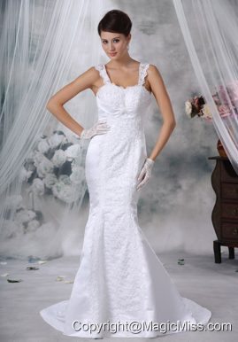 Luxurious Trumpet / Mermaid Straps Court Train Satin Lace Appliques Wedding Dress