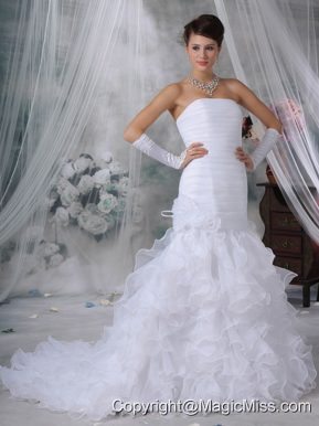 Beautiful Mermaid Strapless Court Train Organza Handle Flowers Wedding Dress