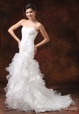 Mermaid Ruched Bodice and Ruffled layers For 2013 Modest Wedding Dress With Beading