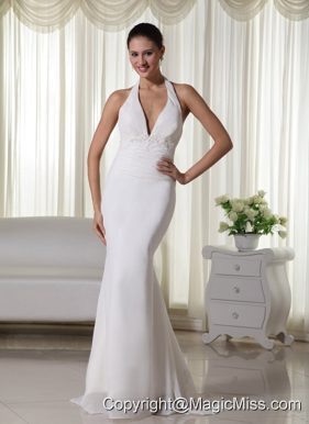 Beautiful Column Halter Brush Train Chiffon Appliques Wedding Dress