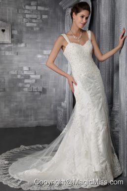 Sexy Mermaid/Trumpet Strap Court Train Lace Appliques Wedding Dress