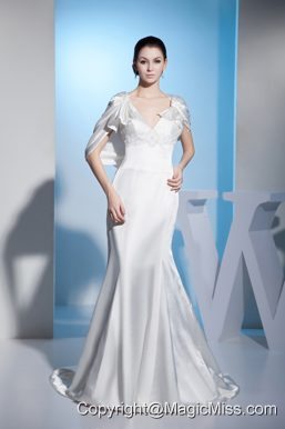 Beading Mermaid V-neck Brush Train Wedding Dress with Zipper up