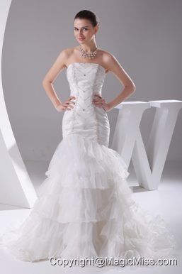 Mermaid Beading Ruffled Layers Brush Train Wedding Dress