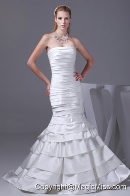 Mermaid Strapless Ruffled Layers Satin Wedding Dress