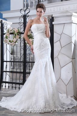 Luxurious Mermaid Strapless Court Train Tulle Lace and Belt Wedding Dress