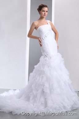 Romantic Mermaid One Shoulder Court Train Organza Hand Made Flowers and Ruffles Wedding Dress