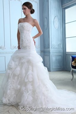 Low Price Mermaid Strapless Court Train Organza Appliques Wedding Dress