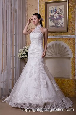 Custom Made Mermaid Halter Brush Train Taffeta and Lace Wedding Dress