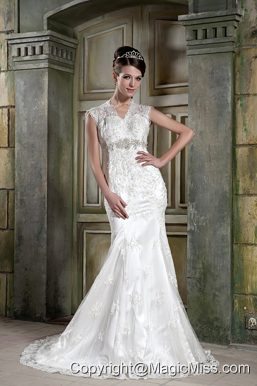 Custom Made Mermaid V-neck Court Train Lace Beading Wedding Dress