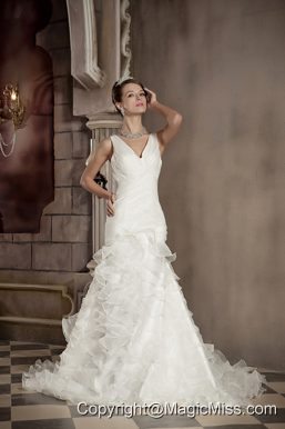 Exclusive Mermaid V-neck Chapel Train Organza Ruffles Wedding Dress