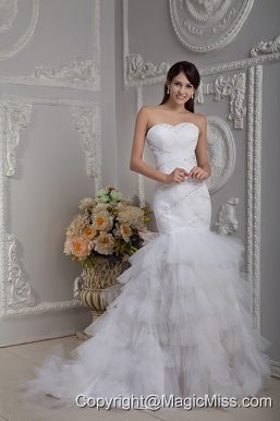 Affordable Mermaid Sweetheart Court Train Tulle Beading and Ruch Wedding Dress