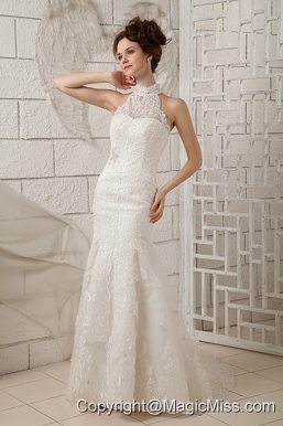 Customize Mermaid High-neck Brush Train Lace Appliques Wedding Dress