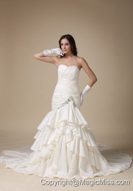 Beautiful Mermaid Sweetheart Chapel Train Beading and Ruch Ruffles Taffeta Wedding Dress