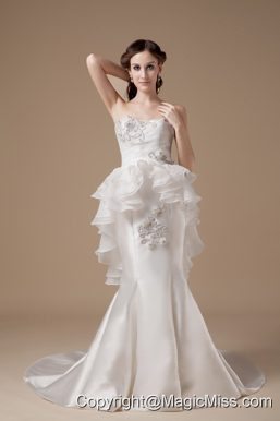 Unique Mermaid Strapless Court Train Satin and Organza Appliques Wedding Dress