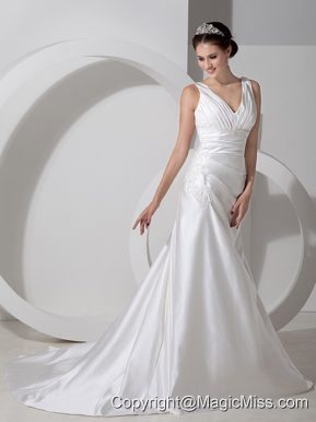 Sweet Column V-neck Court Train Satin Ruch and Appliques Wedding Dress