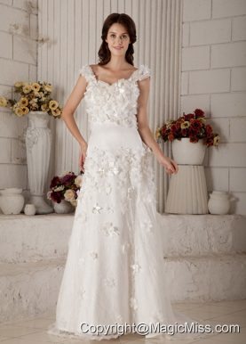 The Super Hot Column Straps Brush Train Lace Appliques Wedding Dress