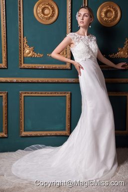 Beautiful Column Scoop Chapel Train Organza Lace Wedding Dress