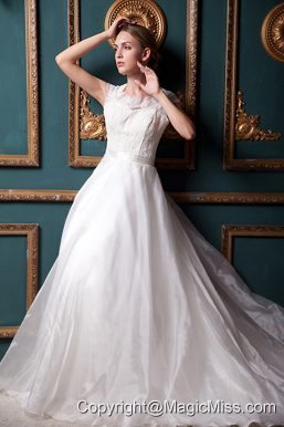 Formal A-line Square Chapel Train Organza Lace Wedding Dress