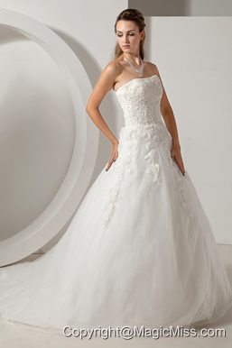 Modest A-line Strapless Court Train Organza Appliques Wedding Dress