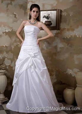 Simple A-line Strapless Brush Train Taffeta Hand Made Flower Wedding Dress