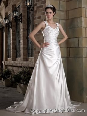 Graceful A-line Straps Chapel Train Taffeta Ruch and Appliques Wedding Dress