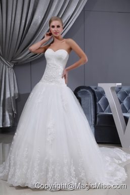 Lace Ruching Sweetheart A-line Chapel Train Wedding Dress