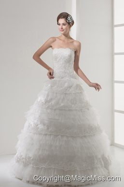 Lace Strapless A-line / Princess Wedding Dress With Brush Train