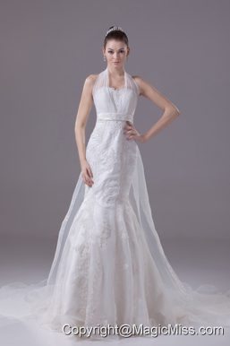 Lace Beading and Appliques Court Train Mermaid Halter Wedding Dress