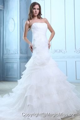 Best Mermaid Strapless Court Train Organza Ruch and Hand Made Flowers Wedding Dress