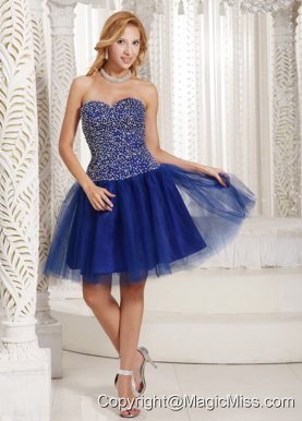 Peacock Blue Beaded Decorate Up Bodice Knee-length 2013 Prom Dress Sweetheart Tulle