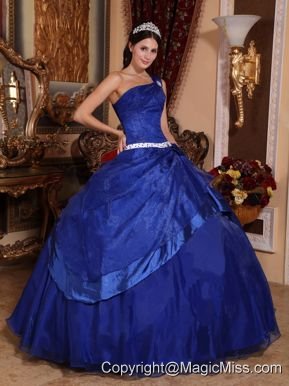 Royal Blue Ball Gown One Shoulder Floor-length Organza Beading Quinceanera Dress