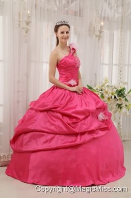 Fuchsia Ball Gown One Shoulder Floor-length Taffeta Beading Pick-ups Quinceanera Dress