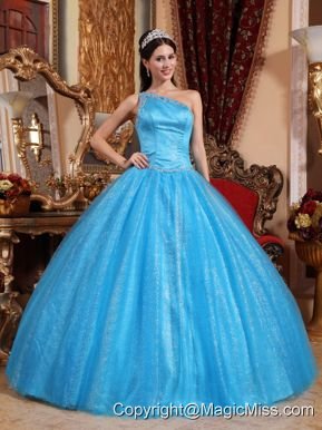 Teal Ball Gown One Shoulder Floor-length Tulle and Taffeta Beading Quinceanera Dress