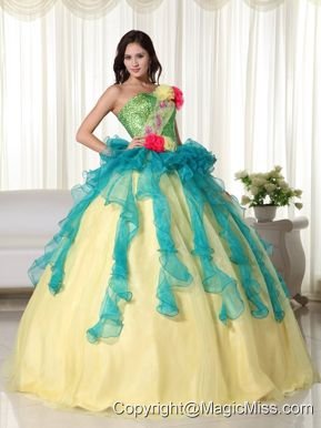 Teal and Yellow Ball Gown Strapless Floor-length Organza Beading Quinceanera Dress