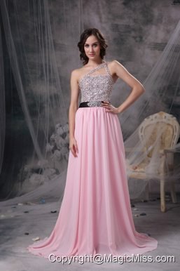 Baby Pink Empire One Shoulder Prom Dress Chiffon Beading Brush Train