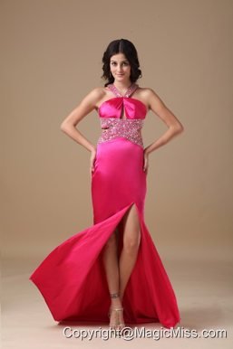 Coral Red Column V-neck Brush Train Taffeta Beading Prom Dress