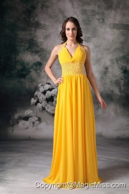 Classical Yellow Empire Halter Evening Dress Chiffon Beading Brush Train