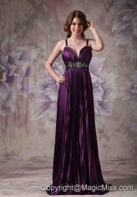 Customize Dark Purple Column Evening Dress Spaghetti Straps Elastic Woven Satin Beading Floor-length