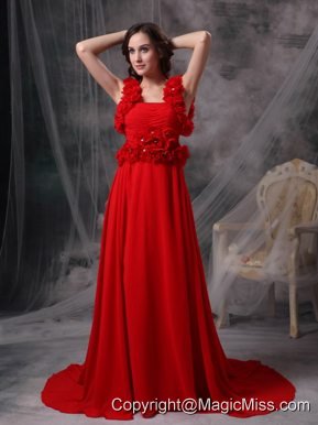 Modern Red A-line Square Evening Dress Chiffon Beading and Hand Made Flowers Court Train