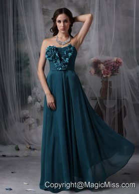 Pretty Peacock Green Cheap Bridesmaid Dress Empire Strapless Chiffon Hand Made Flowers Floor-length