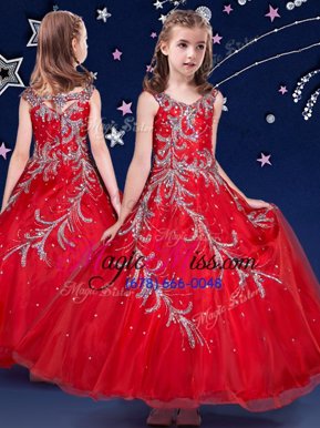 Elegant Scoop Red Zipper Kids Formal Wear Beading and Appliques Sleeveless Ankle Length