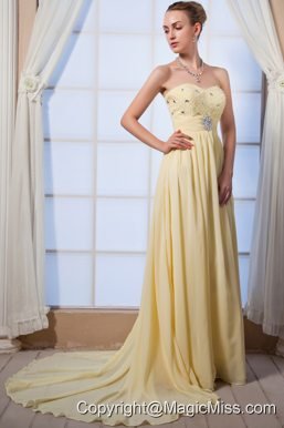 Light Yellow Empire Sweetheart Brush Train Chiffon Beading Homecoming Dress