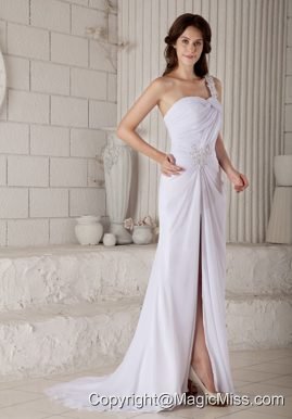 Formal Column / Sheath One Shoulder Brush Train Chiffon Beading Wedding Dress