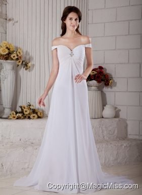 Simple A-line Off The Shoulder Court Train Chiffon Beading Wedding Dress