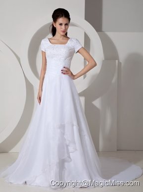 Informal A-line Square Court Train Satin Beading and Ruch Wedding Dress