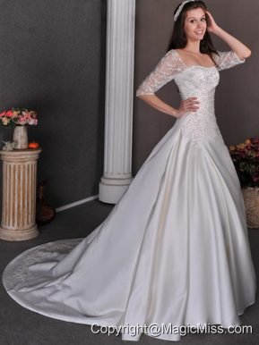 Gorgeous A-line Square Chapel Train Satin Appliques and Beading Wedding Dress