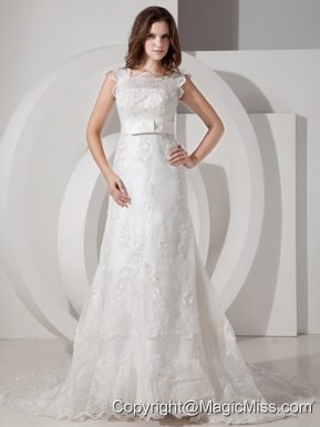 Popular A-line Square Court Train Lace Belt Wedding Dress