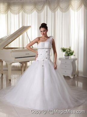 One Shoulder Wedding Gown With Appliques and Beading Tulle Watteau Train